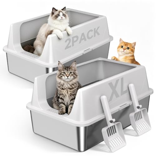2 Pack XL Stainless Steel Litter Box with High Sides for Large Cat (Gray-2Pack)