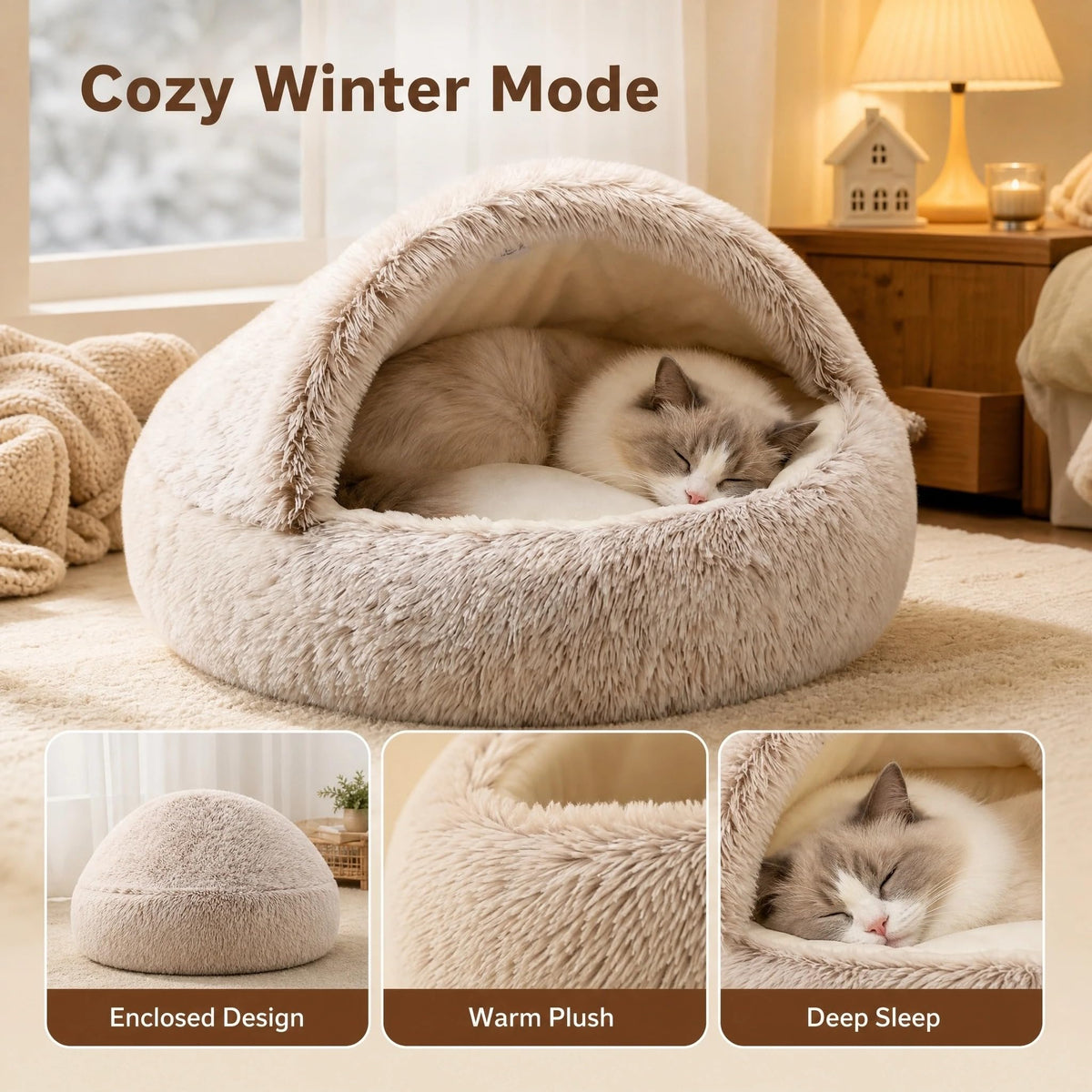 Convertible Donut Cat Bed Cave (Brown / 19.7 in Small Size)