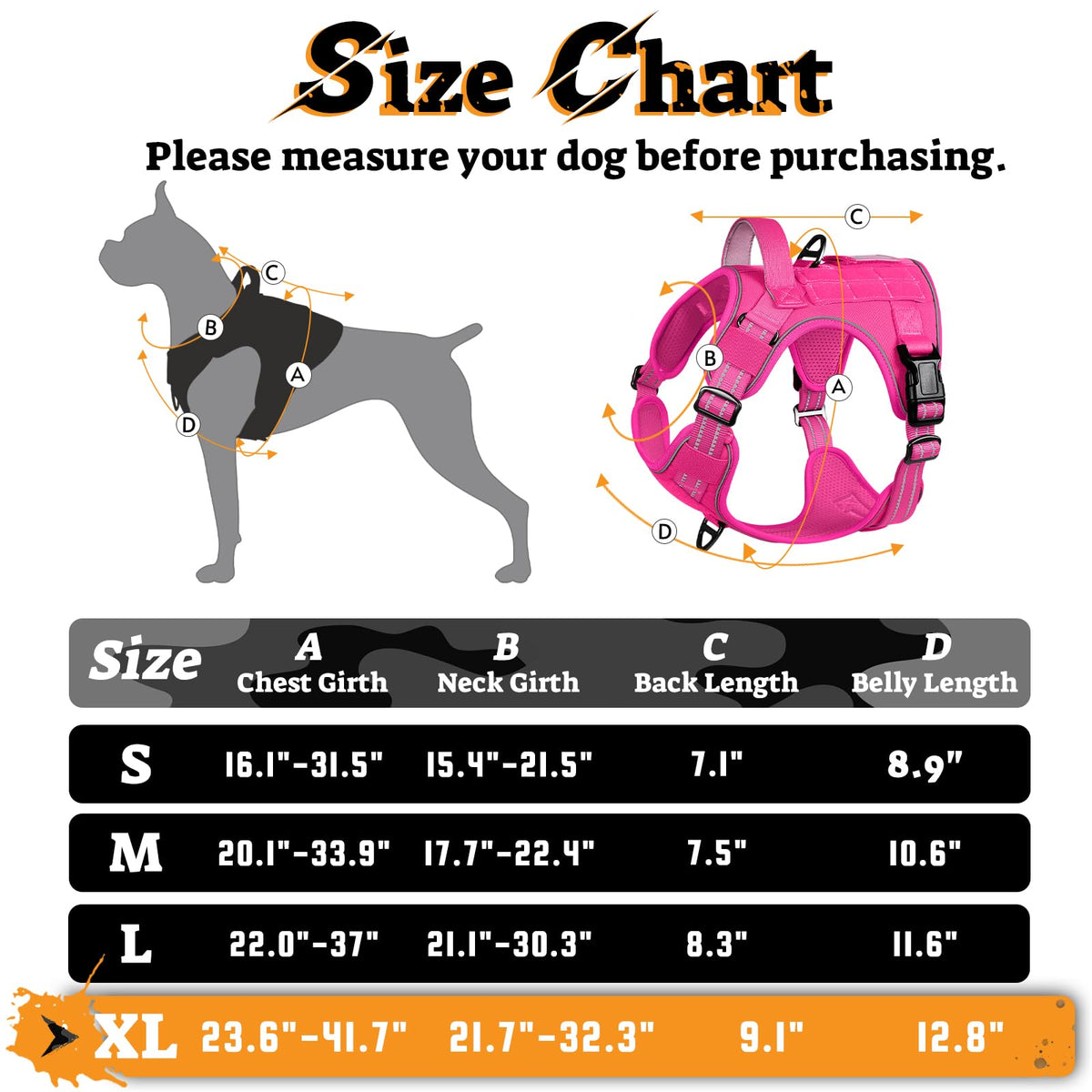 Tactical Dog Harness for Large Dogs (Xl(chest:23.6"-41.8",neck:21.7"-32.3",back:9.1") / Rose Red)