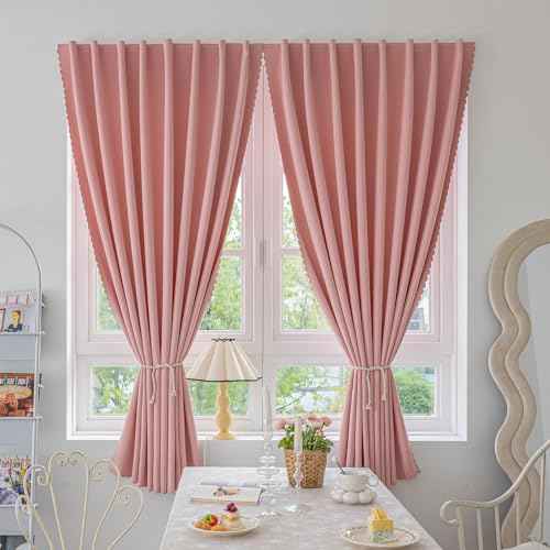 Magic Tape Stick on Curtains Blackout Curtains for Bedroom no Drillng Self Adhesive Curtain no Rod Small Window (Pink / 47"W x 59"L (Pack of 2))