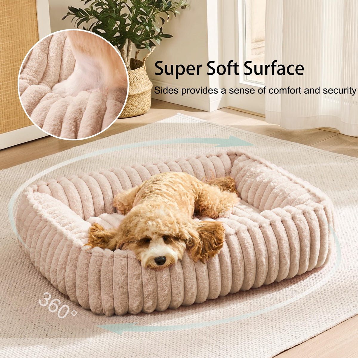 Medium Dog Bed Calming Cat Bed for Indoor Cats 24’’x20’’ Khaki (Khaki / 24"L x 20"W x 6"Th)