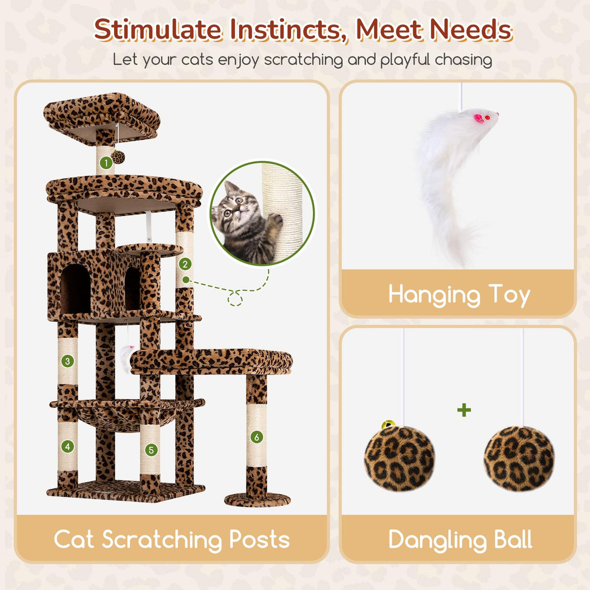 65in Leopard Cat Tree for Indoor Large Cats (65inch / Leopard Print)
