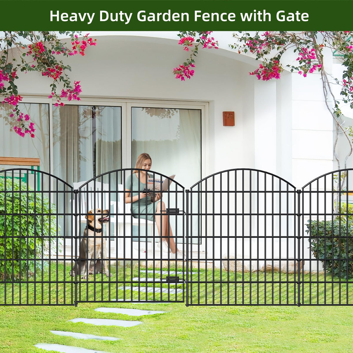 Heavy Duty Metal Garden Fence with Gate 43.2 in x 14.75ft (43.2"Hx14.75ft (Heavy Duty With Gate))