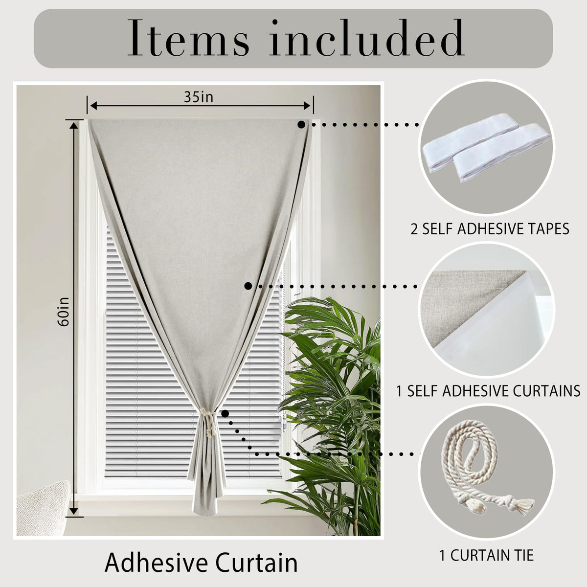 100% Blackout Magic Tape Stick On Curtains Window Shades Pull Down Blackout Window Cover No Drillng Self Adhesive Curtains No Rod Small Windows (34"W x 60"L (Pack of 1) / Light Beige)