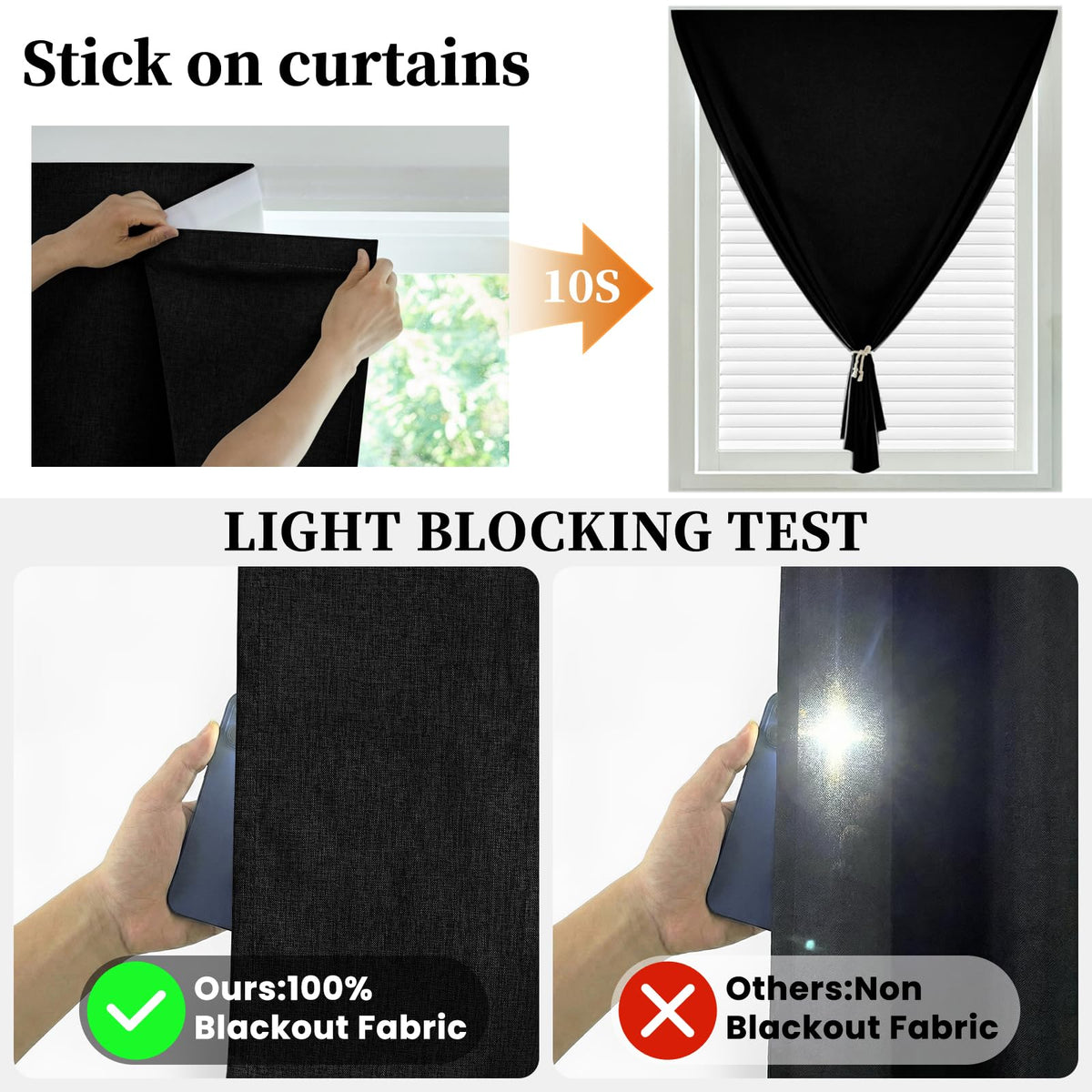 100% Blackout Self Adhesive Curtains Portable Blackout Curtain Simple and Easy to install Bedroom Window Thermal Lnsulated Kitchen Room Darkening Black Small Drapes (35"W x 72"L (Pack of 1) / Black)