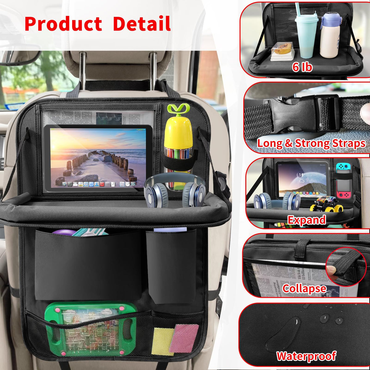 Car Backseat Organizer with Tablet Holder (1Pack / Black)