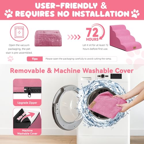 Dog Ramp and Stairs for Bed (Pink / 4)