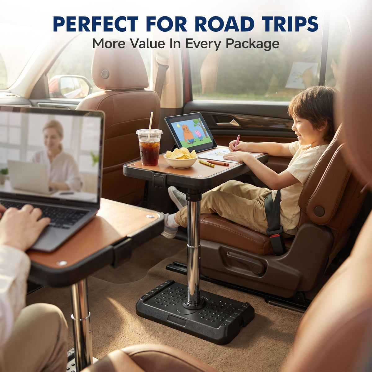 Compact Car Seat Tray Table with Premium Leather Mat (Large)