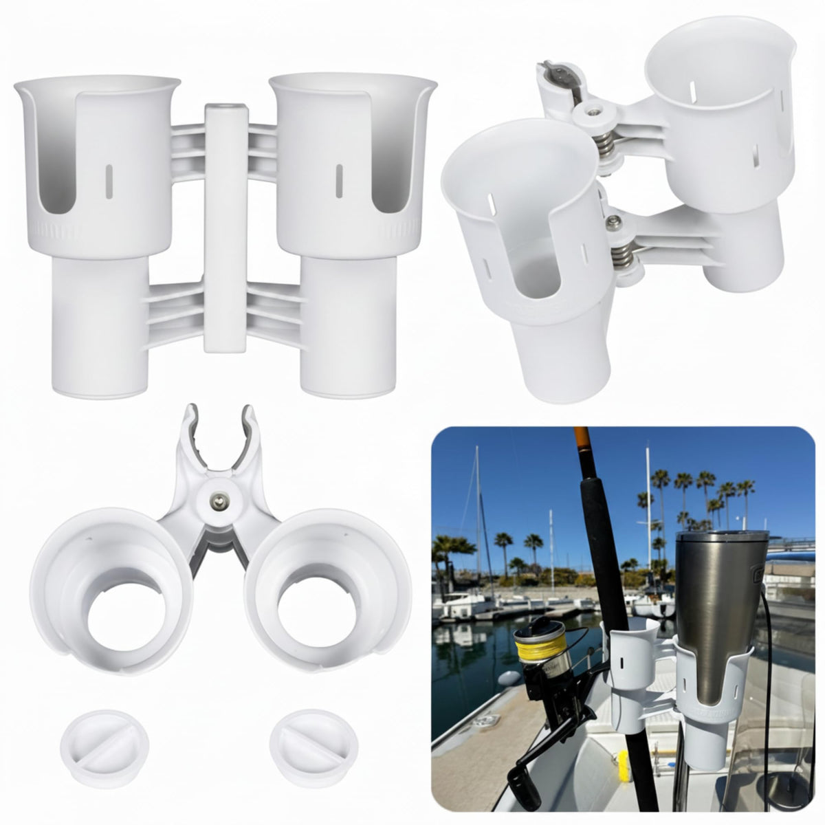 White), Patented Clamp On Boat Cup Holder |Multifunction Dual Drink Caddy for Fishing Poles, Tools, Net, Gaff |Portable Storage for Boating, Beach, Umbrellas, Golf Carts, Strollers (White / Standard Spring)