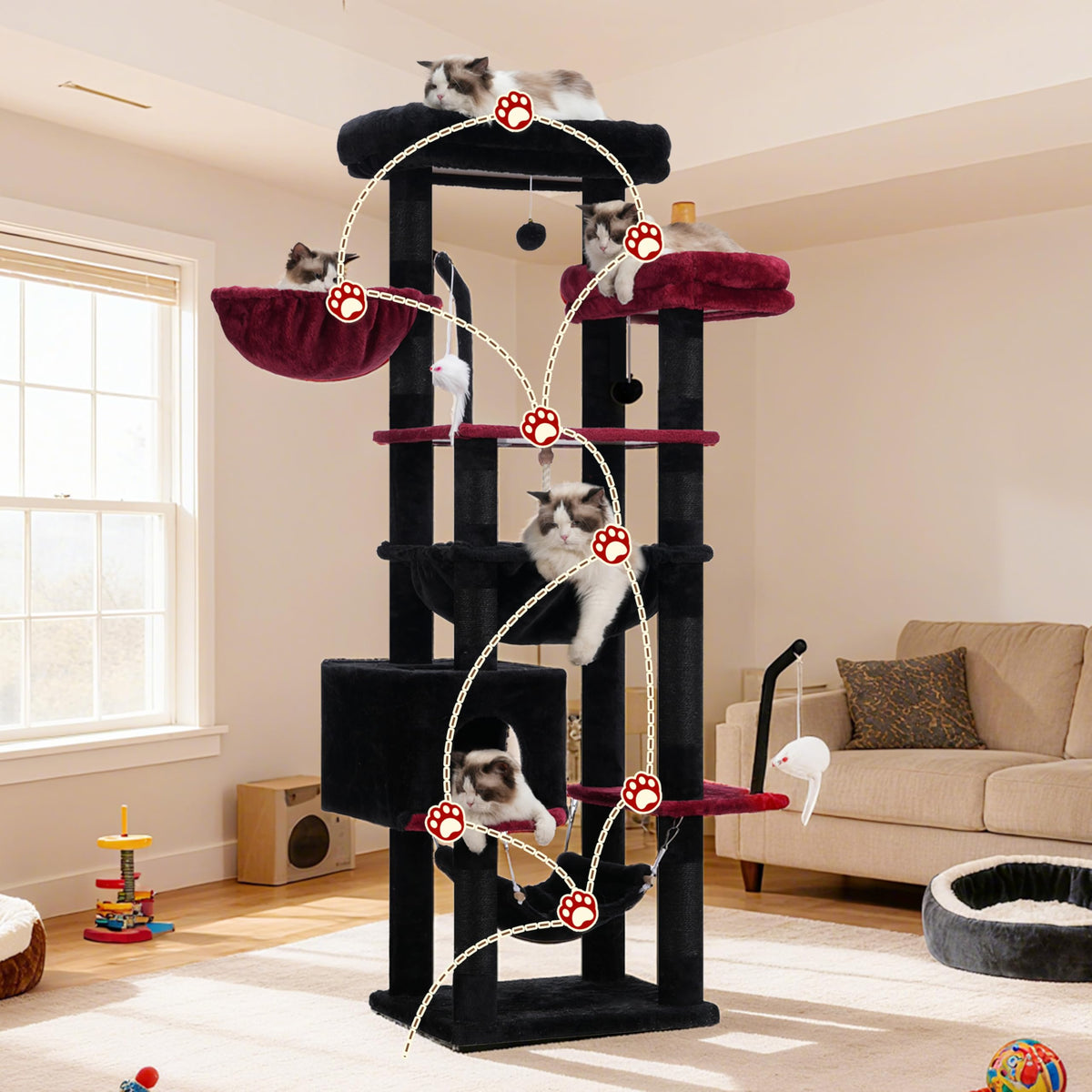 Cat Tree 63'' Cat Tower for Large Cats (63 inch / Black and red)