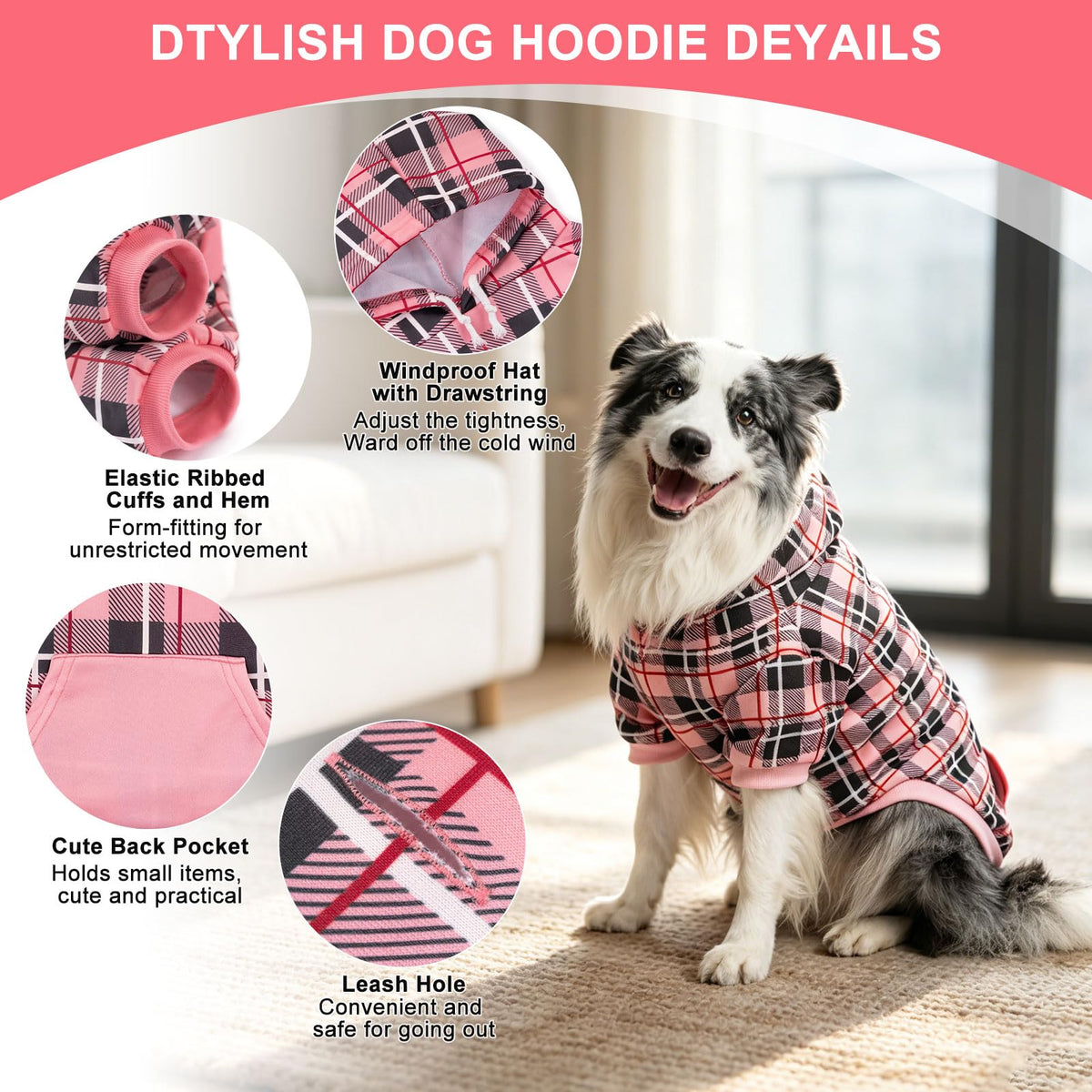 Plaid Dog Hoodie (Pink / X-Large)
