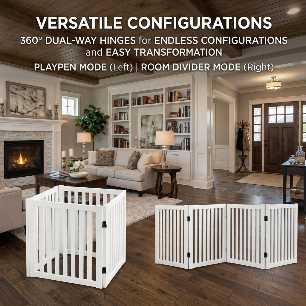 Wooden Freestanding Dog Gate (White / 4 Panel 80" Wide)