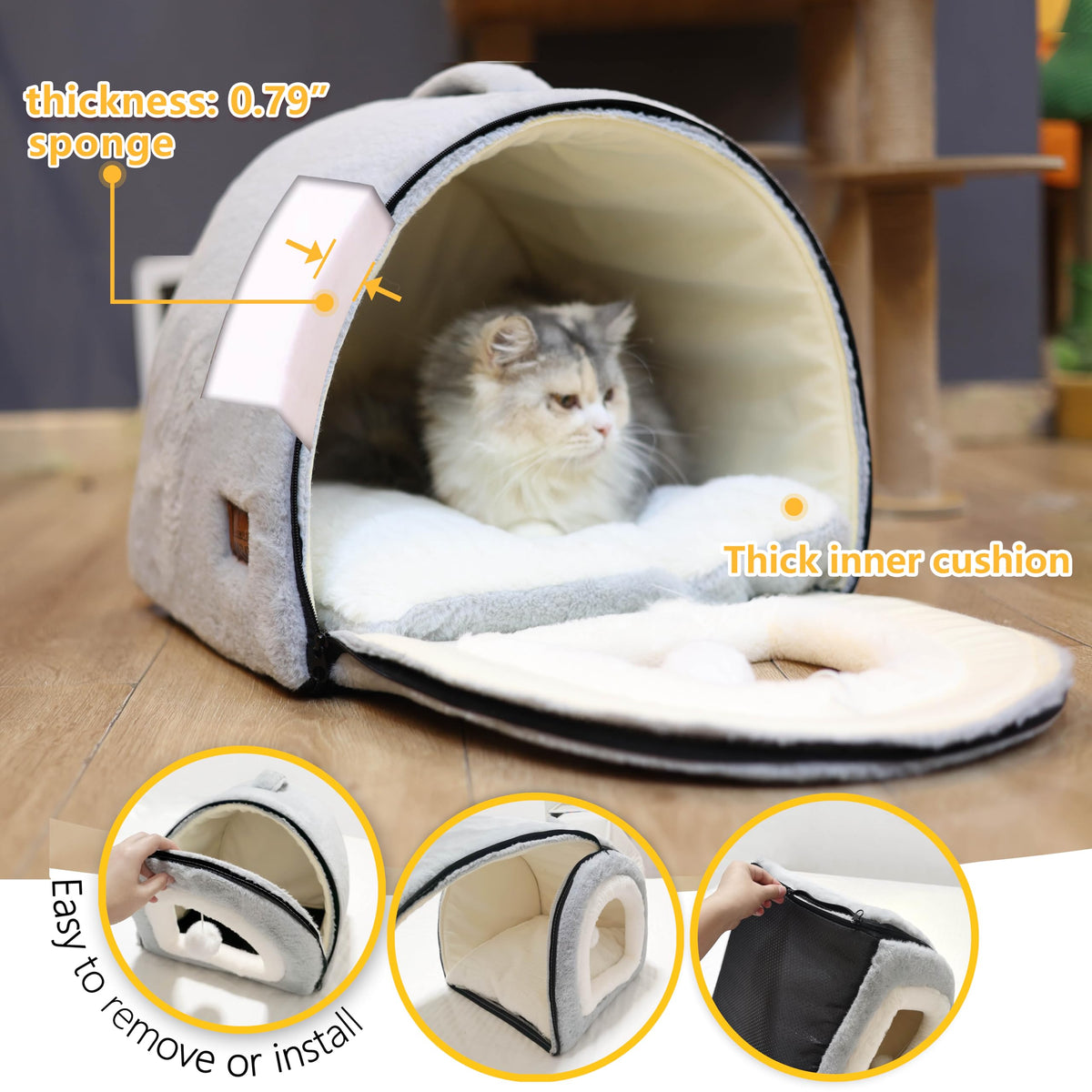Cat Bed for Indoor Cats (Grey / L:(17.5"×16.9"×15.9"))