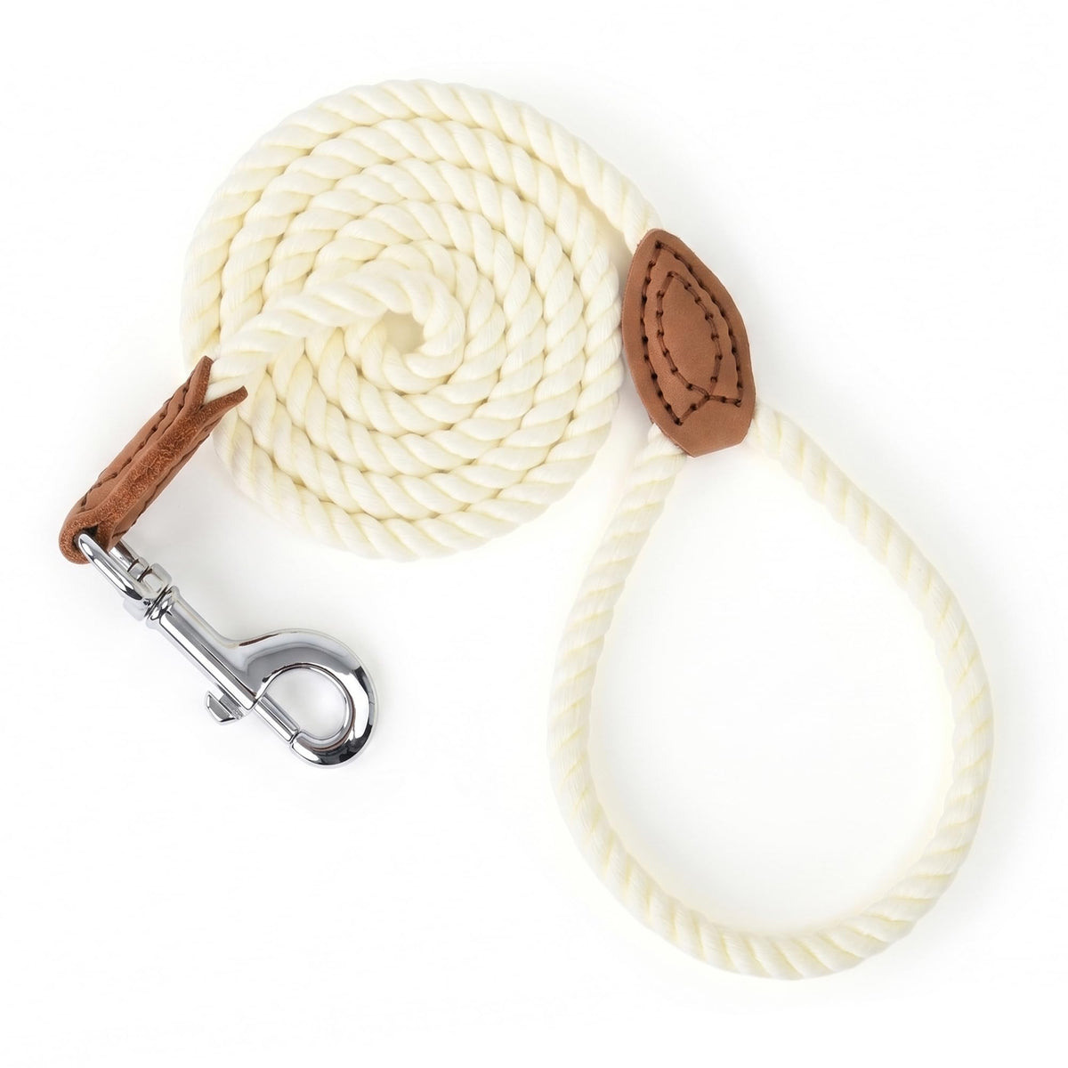Dog Leash Braided Cotton Rope with Leather (Cream White / 60 Inch-1/2")