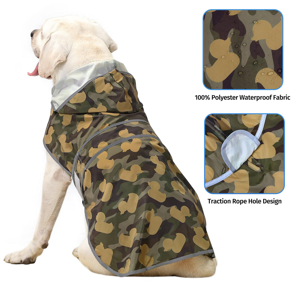 Dog Raincoat for Large Dogs Waterproof Jacket Hooded Rain Coats with Reflective Strips Leash Hole & Poncho Adjustable Fit (Camo Ducks / X-Large)