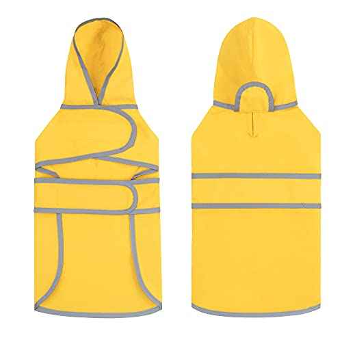 Dog Raincoat for Small Dogs Puppies Waterproof Jacket Hooded Rain Coats with Reflective Strips Leash Hole & Poncho Adjustable Fit (B.Yellow / Small)
