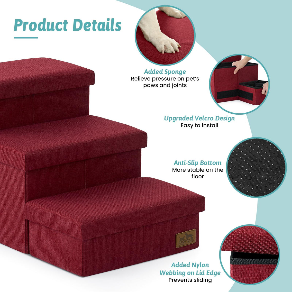 Dog Stairs with Storage (Burgundy / 28.5"L x 17"W x 16.7"H)