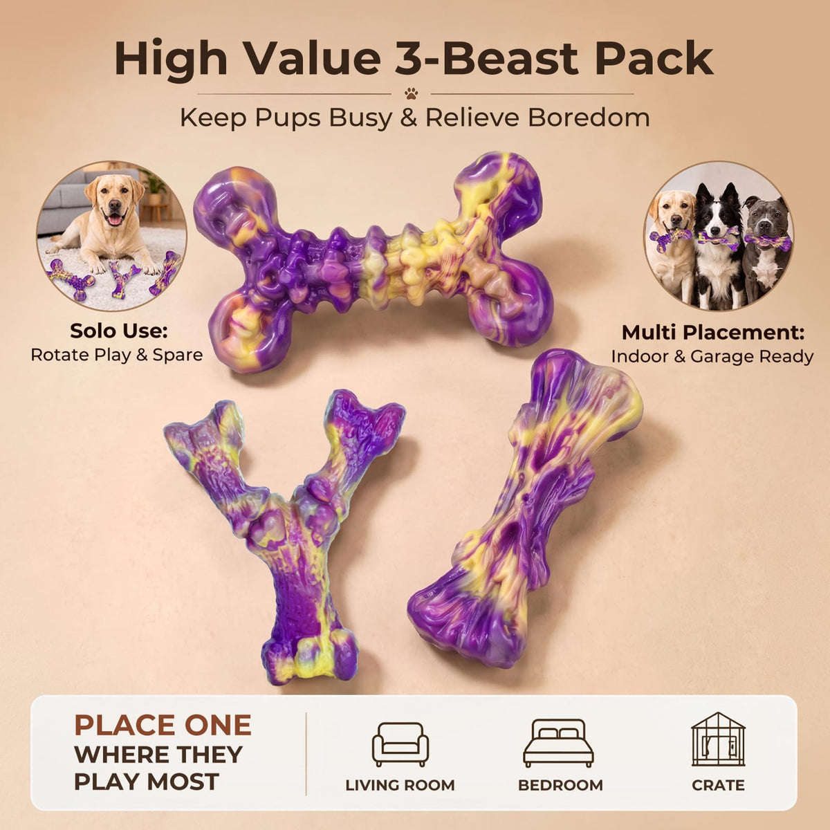 3 Pack Chicken Flavored Tough Dog Chew Toys for Aggressive Chewers