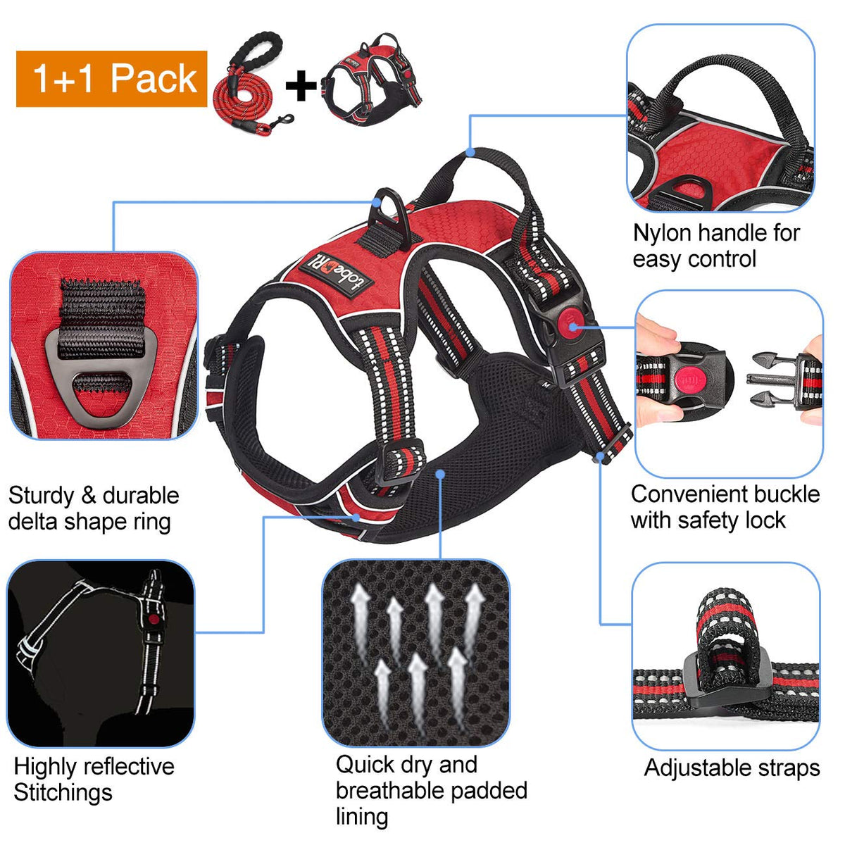 No Pull Dog Harness Adjustable Reflective Oxford Easy Control Medium Large Dog Harness with A Free Heavy Duty 5ft Dog Leash (Red / Medium)