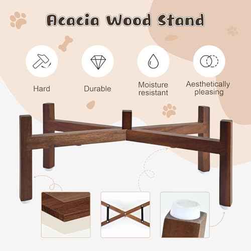 Ceramic Elevated Dog Bowl Set with Acacia Wood Stand for Food and Water for Medium Dog (42.27 Oz / White and Reddish Brown)