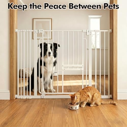 Pet Gate with Cat Door (Matte White / 29.5-42.5"Wide,30"Tall)