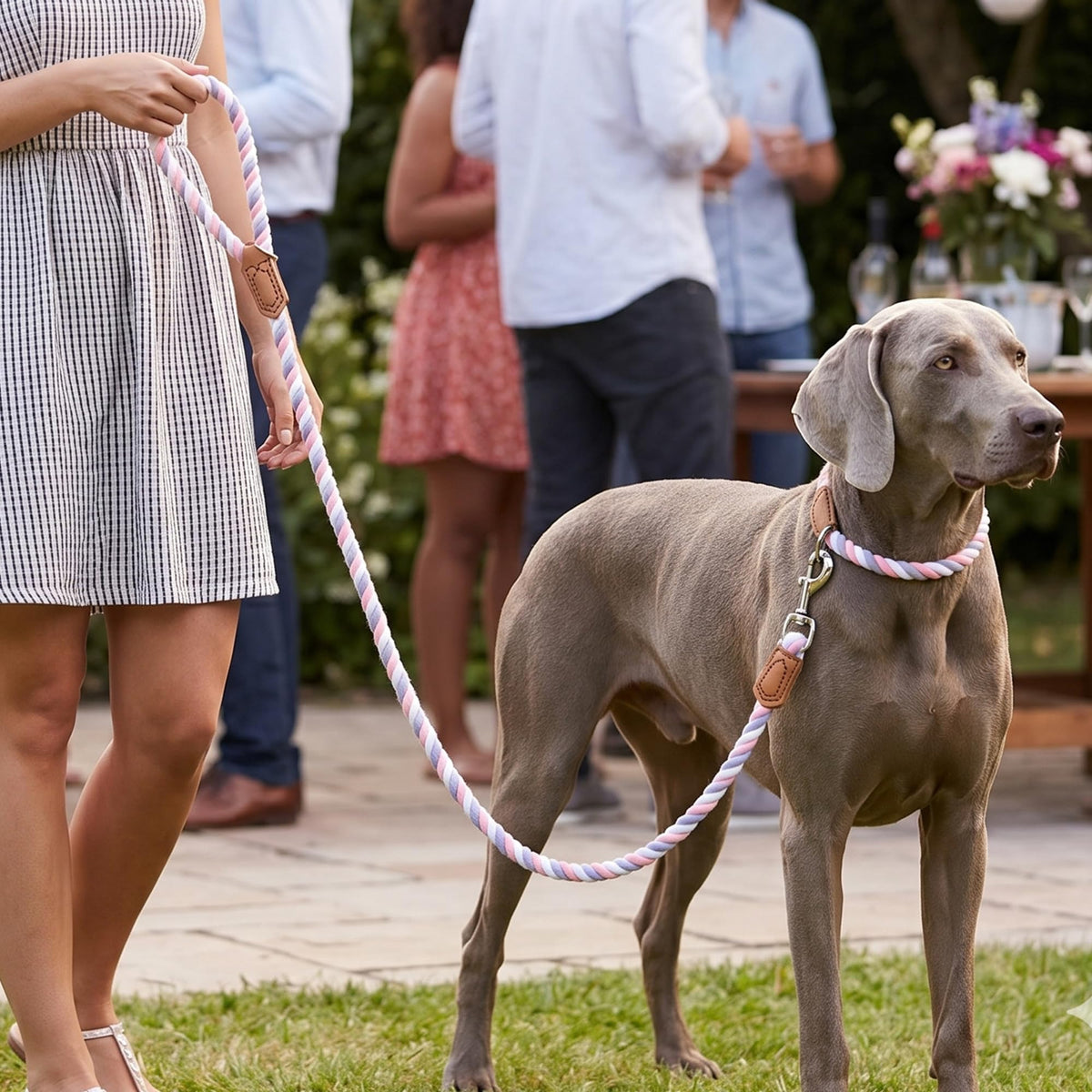 Rainbow Dog Leash Braided Cotton Rope w Leather (Pink/Purple / 72 Inch-1/2")