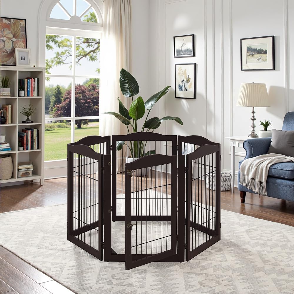 132" Extra Wide Dog Gate and Pet Playpen with Walk Through Door (Espresso / 132"W×31.5"H)