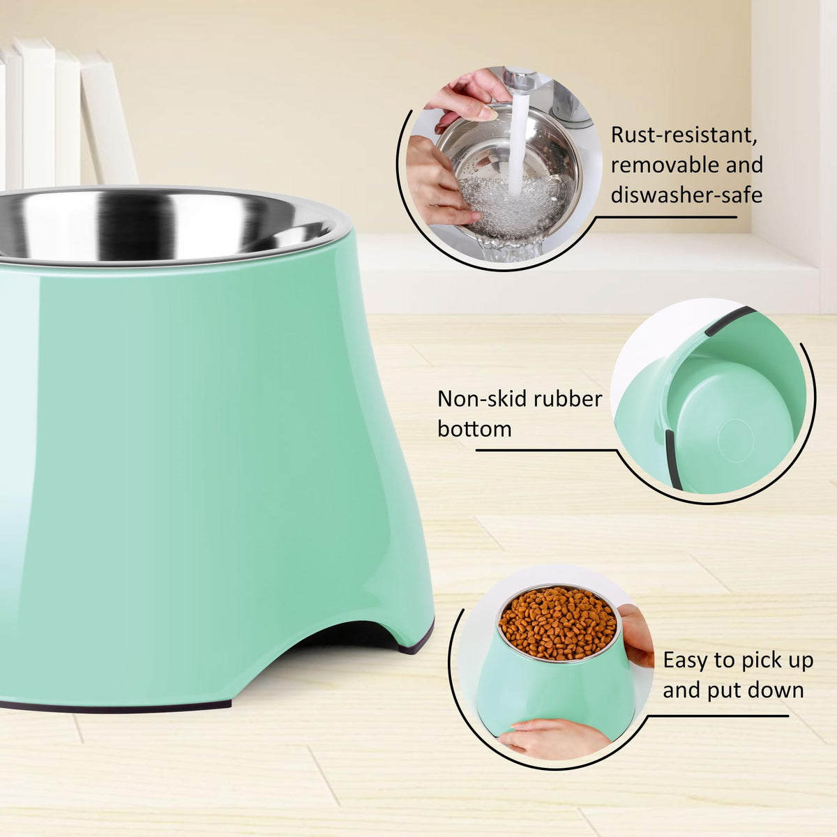 Dog Bowls Cone Friendly Non Slip Single Dog Bowl with Stainless Steel Inner (Medium(2 Cups) / Mint Green)