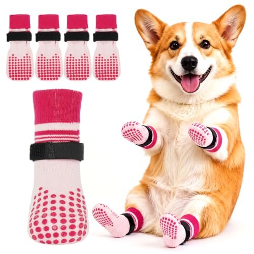 2 Pairs Anti Slip Dog Socks with Grips (S(paw width: 1.89"） / pink)