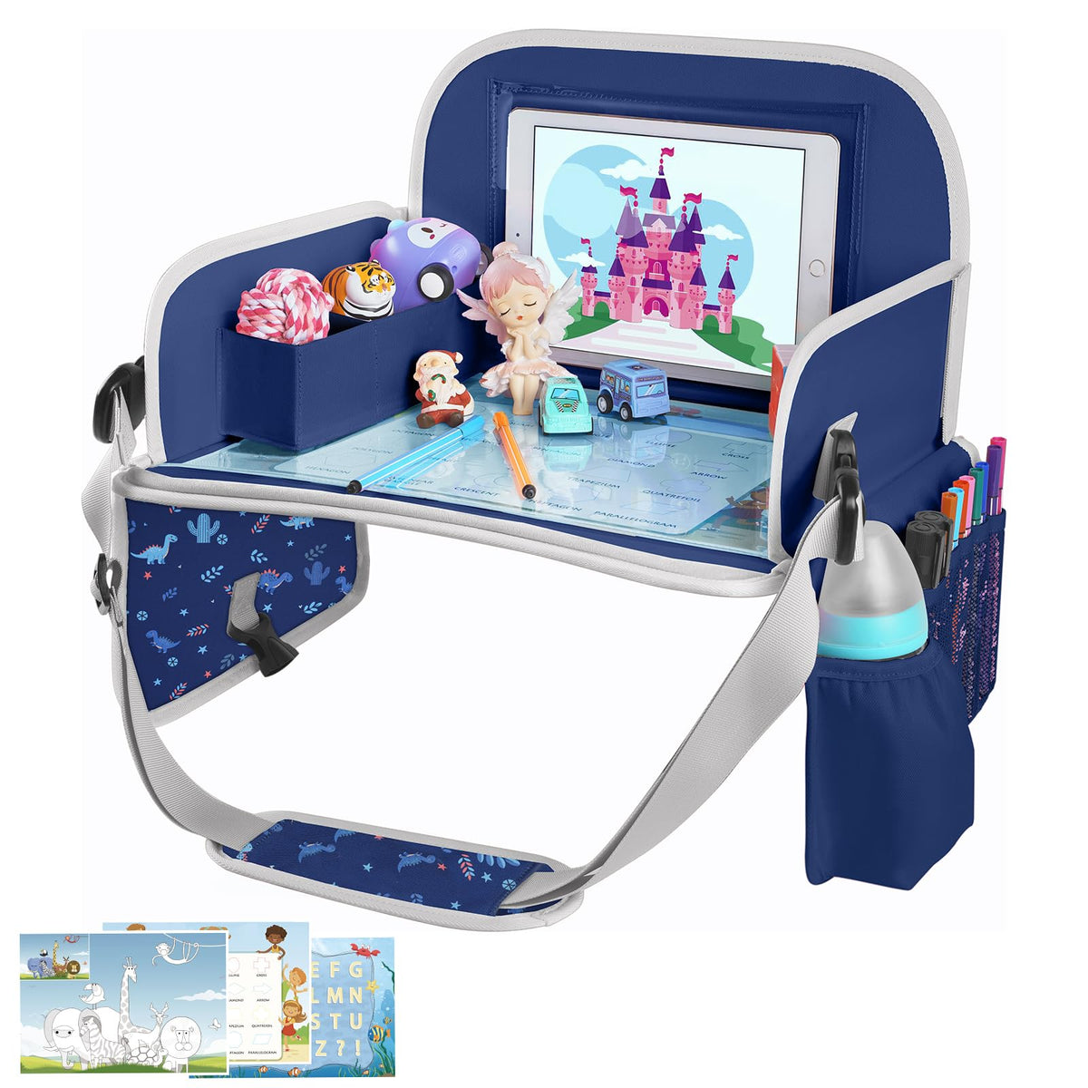 Kids Travel Tray for Toddler Car Seat (Navy BlueDinosaur)