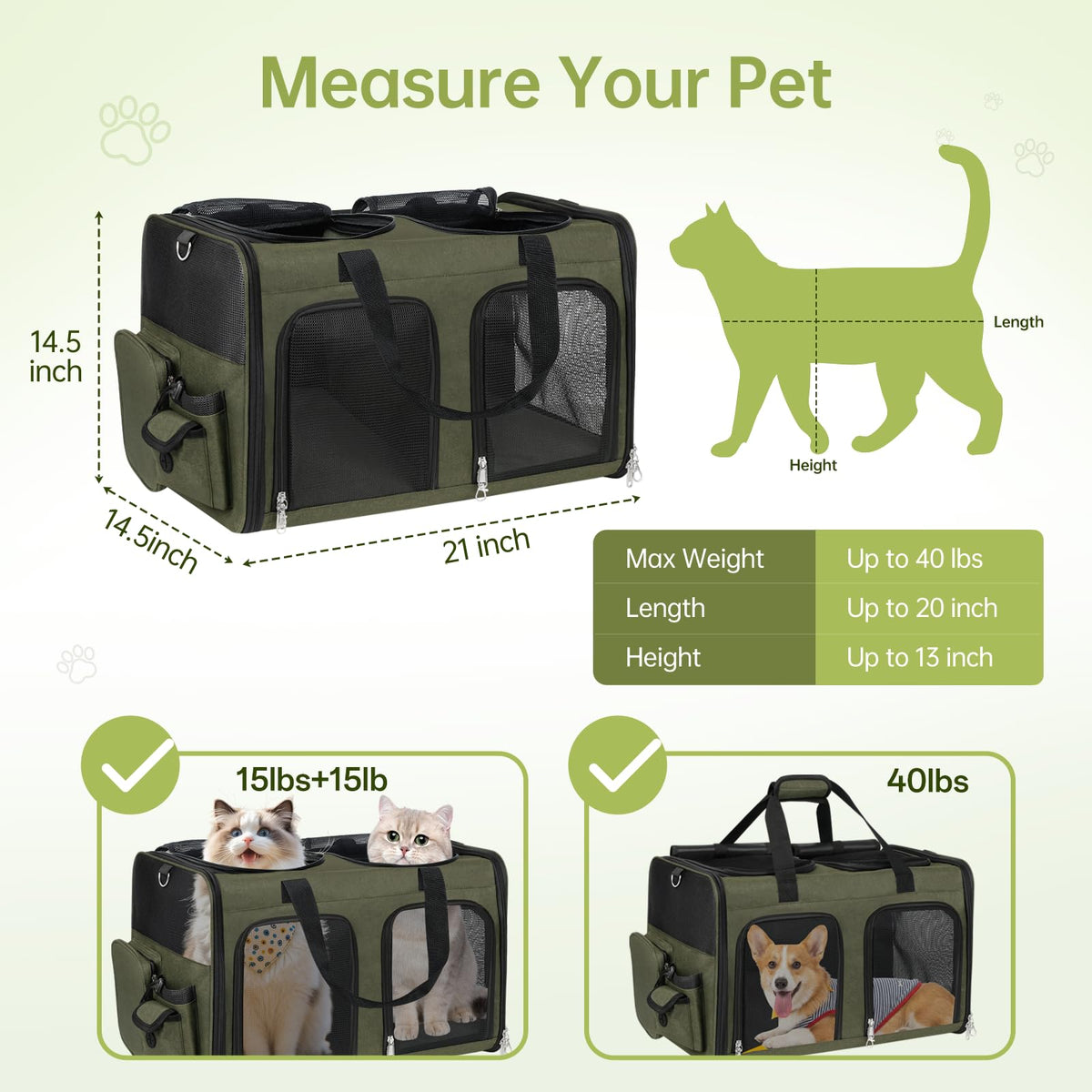 Cat Carrier for 2 Cats Double Pet Carrier Extra Large Green 2026 Upgraded (Green Upgraded)