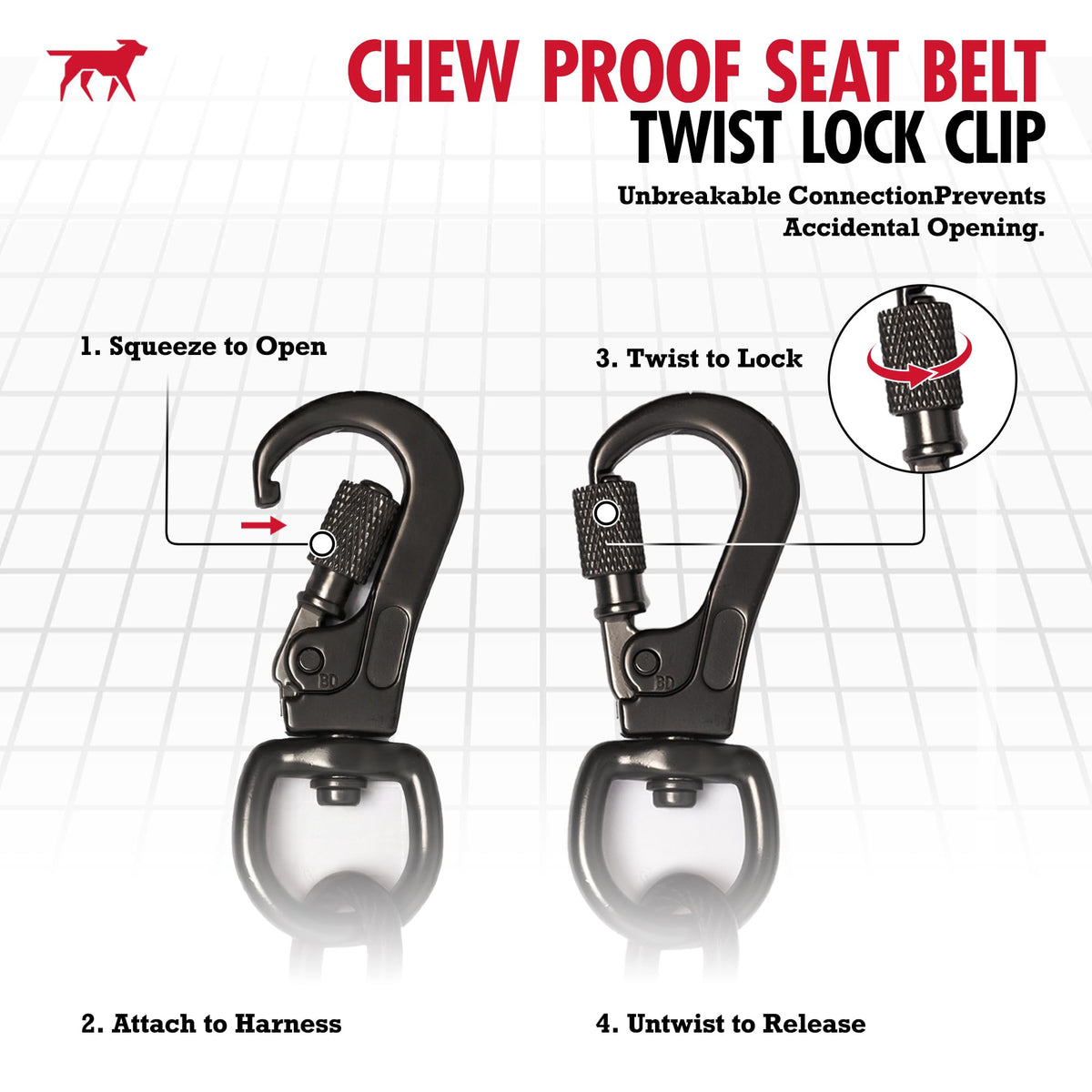 Chew Proof Steel Dog Seat Belt for Cars (Black / Chew Proof LATCH Bar Attachment)