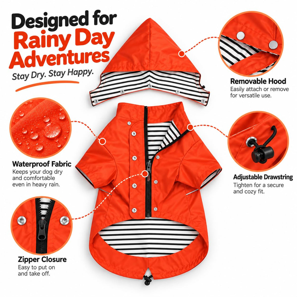 Dog Zip Up Raincoat with Reflective Buttons (Small / Orange)