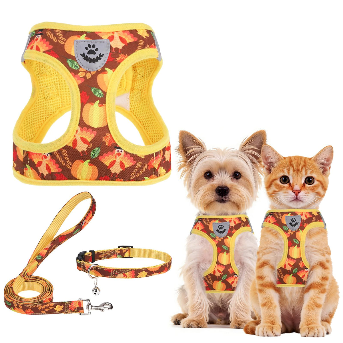 Dog Harness Collar and Leash Set No Pull for Small Medium Sized (Brown&Yellow (Fall) / XS (CHEST 13"-14.5"))