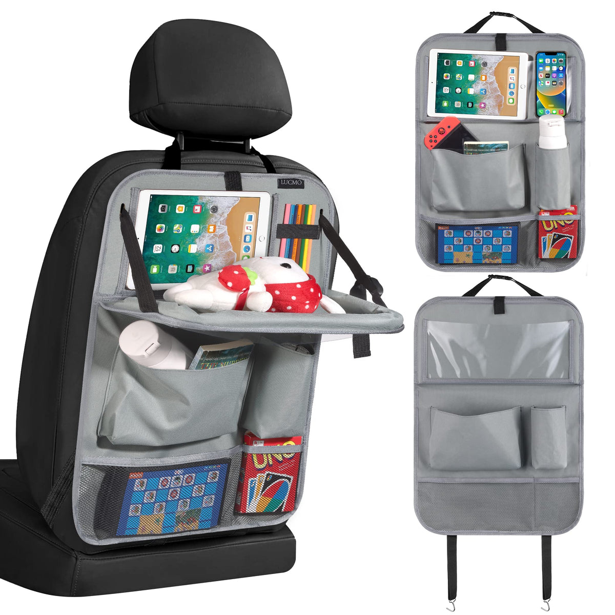 Car Backseat Organizer with Foldable Tablet Holder (Grey-2 / 1 Pack with Food Tray)