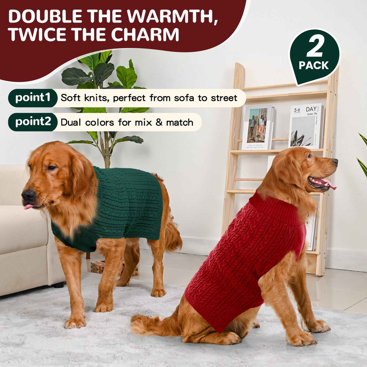 Dog Sweater 2 Pack for Large Dogs (Red & Green / XXX-Large)