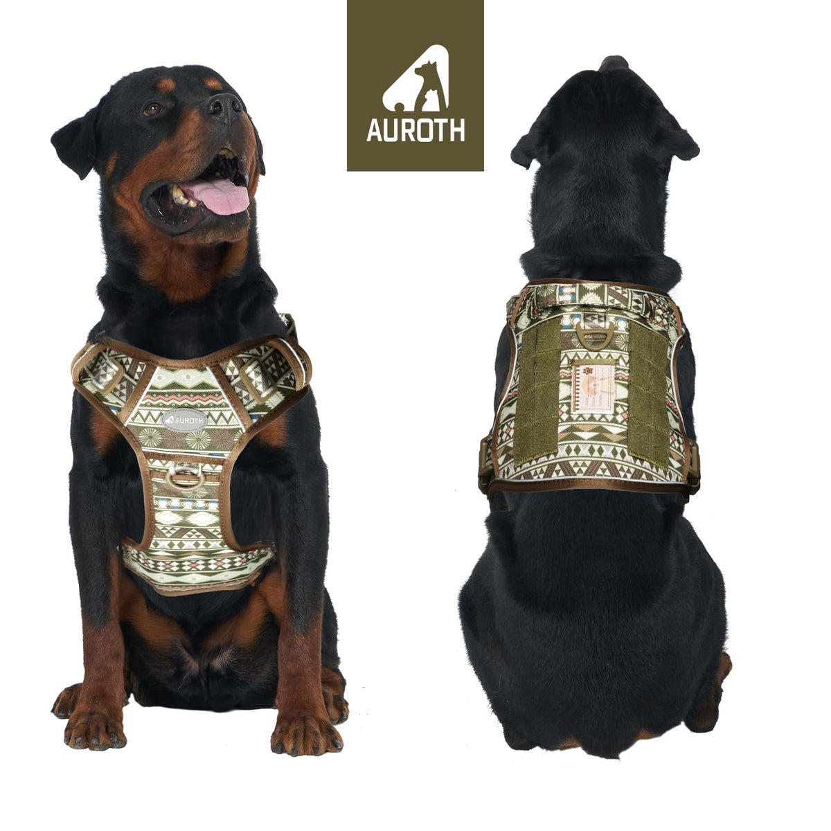 Tactical Dog Harness for Large Dogs (Tribal Patterns-Green / XL(Neck:20-31",Chest:26-42"),75-135 lbs)
