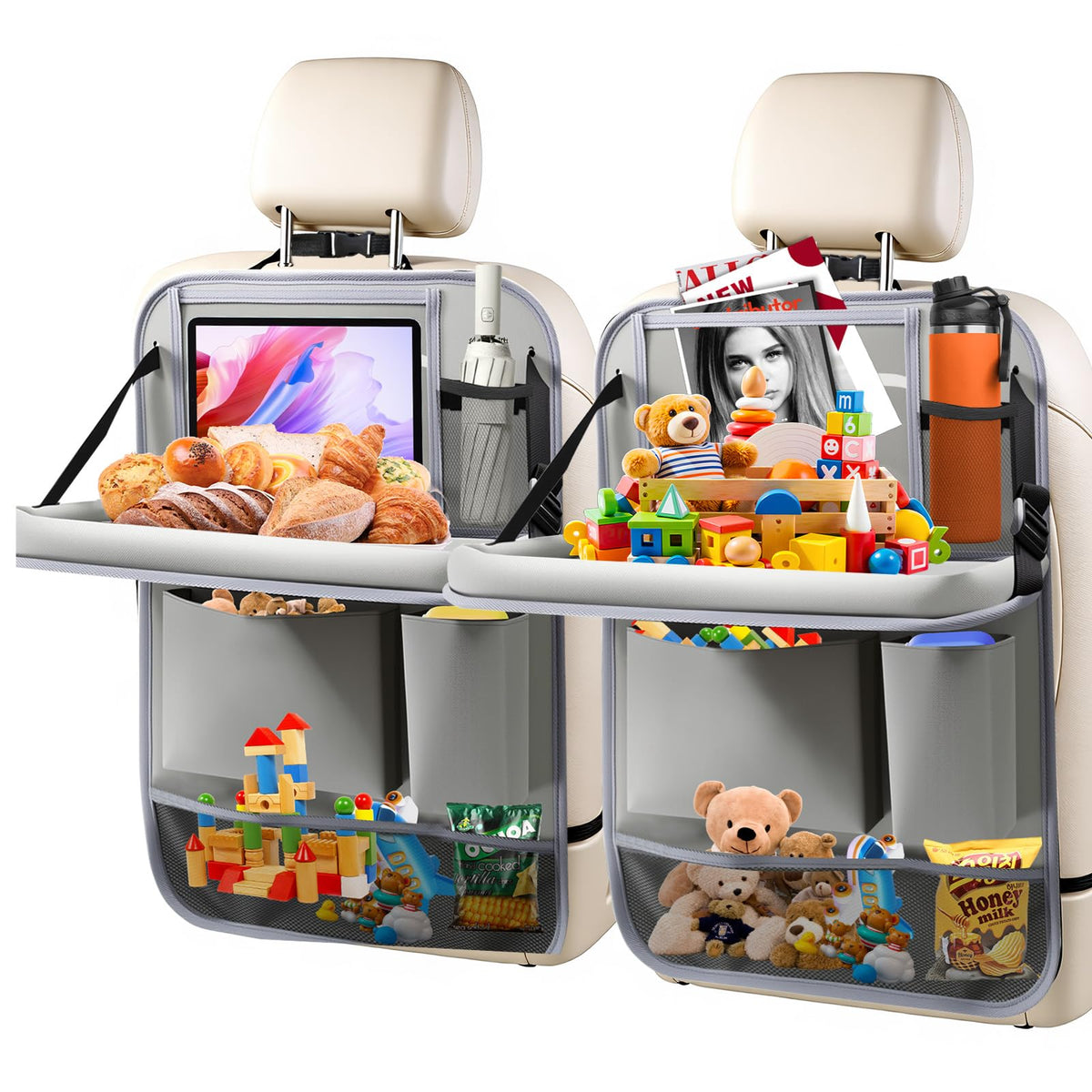 2Pack Car Backseat Organizer with Foldable Table Tray Grey (Grey / 2 Pack with Food Tray)