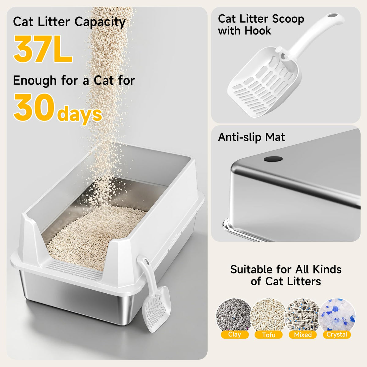 2 Pack XL Stainless Steel Litter Box with High Sides (Pale gray-2Pack)