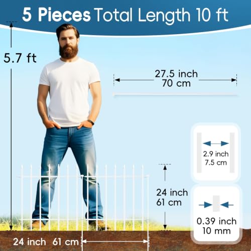 24" H x 10 Ft Decorative Metal Garden Fence (White / 24″ H x 10 ft (5 Panels))