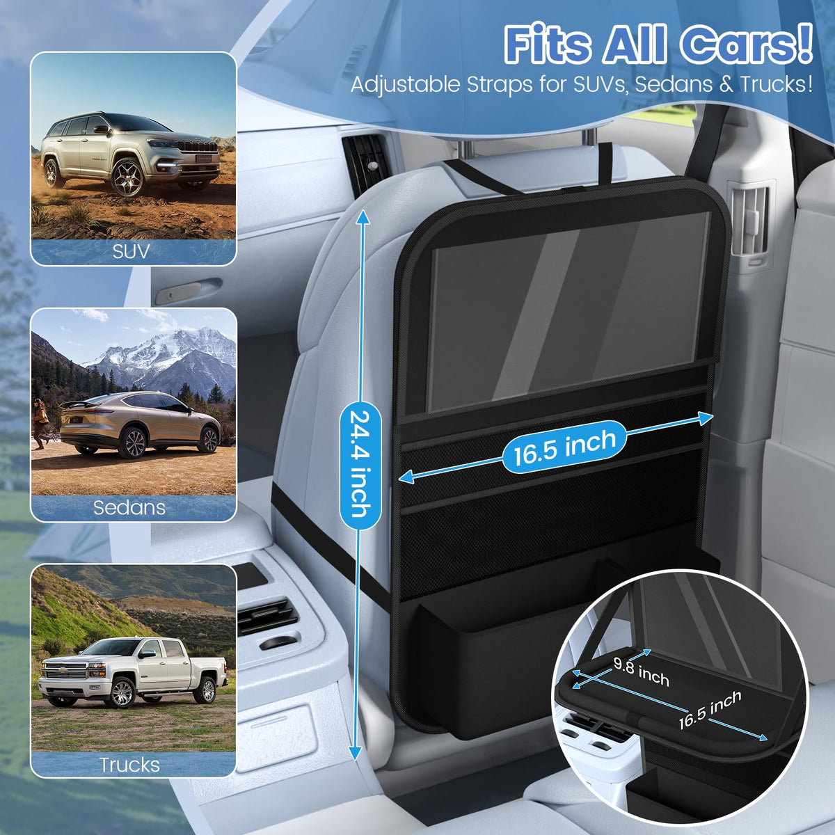 1 Pack Car Backseat Organizer with Tray (Black)