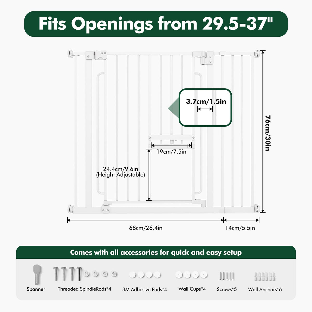 Pet Gate with Cat Door (White / 29.5-37"Wide,30"Tall)