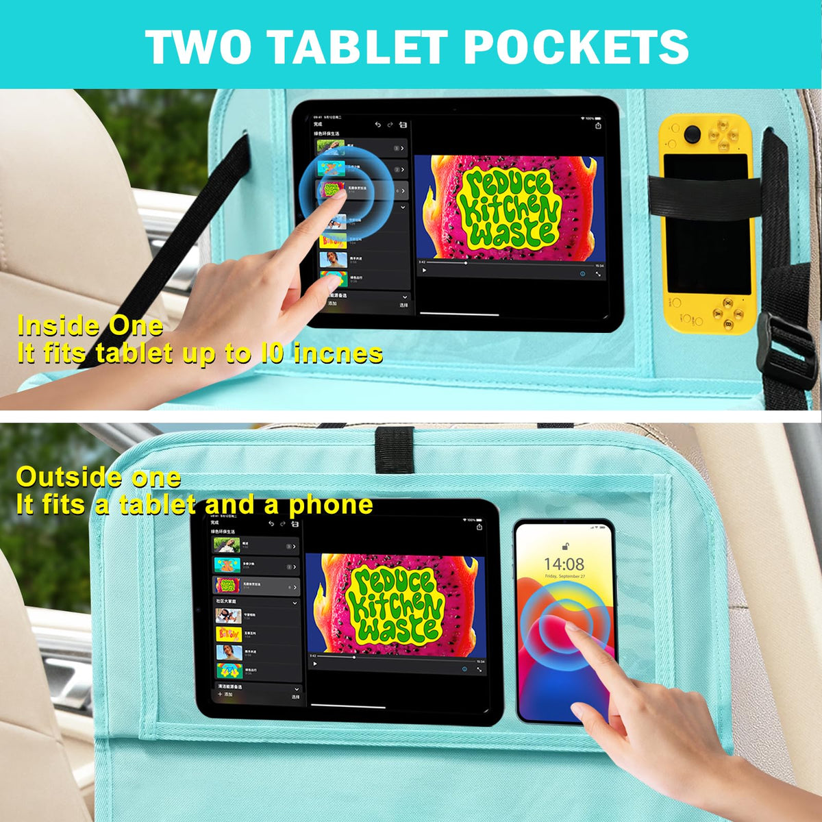 2 Pack Car Backseat Organizer with Foldable Table Tray Blue (Blue / 2 Pack with Food Tray)