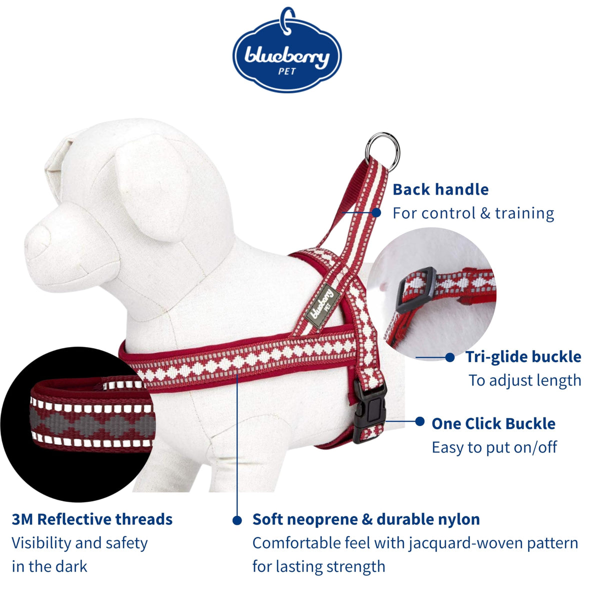 4 Colors Soft & Comfy 3M Reflective Jacquard Padded Dog Harness (Medium(20.5" - 26") Chest Girth / Marsala Red)