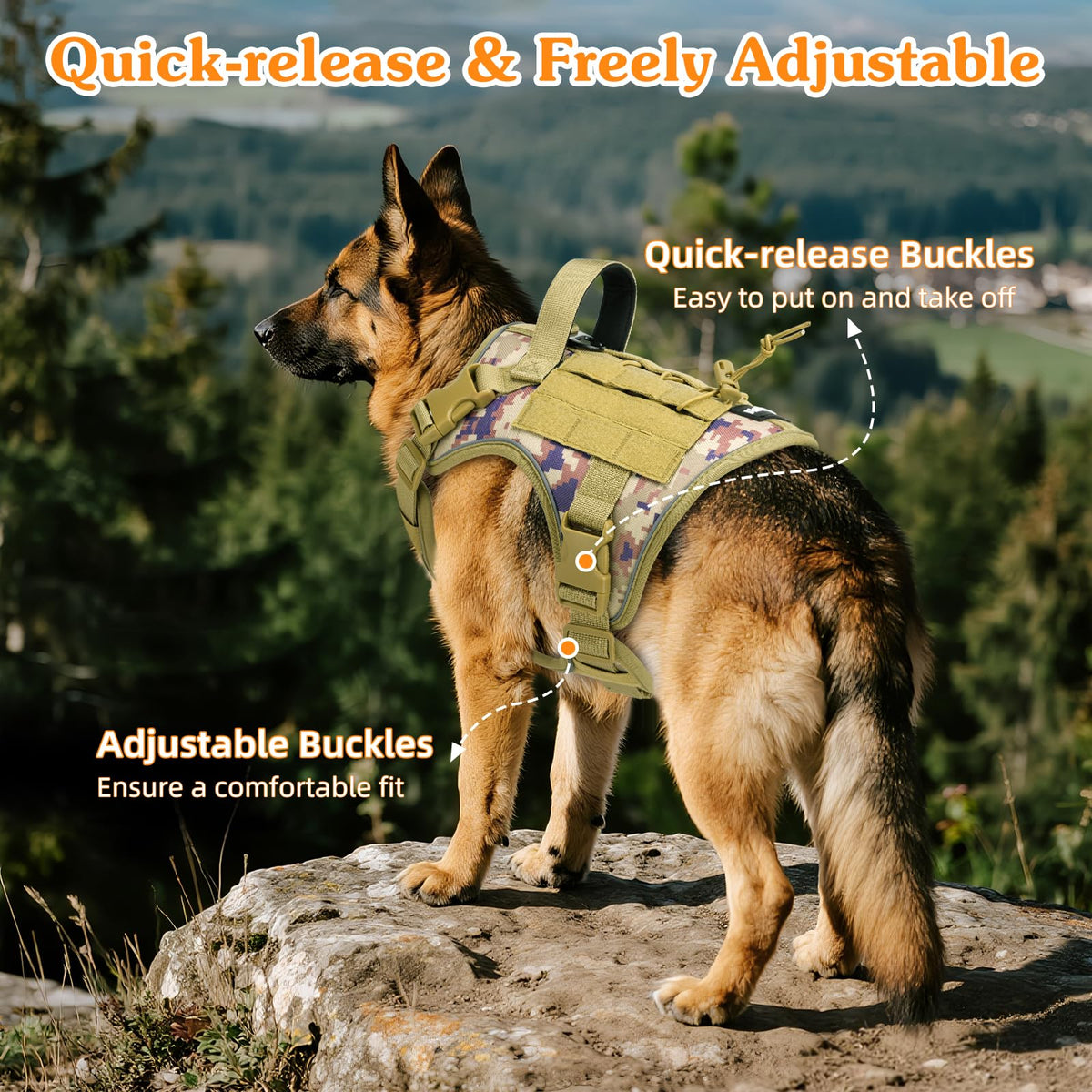 Heavy Duty Tactical Dog Harness for Small Dogs (Desert Camouflage / S (Chest: 19.6-31.5", Neck: 11-19.6"))