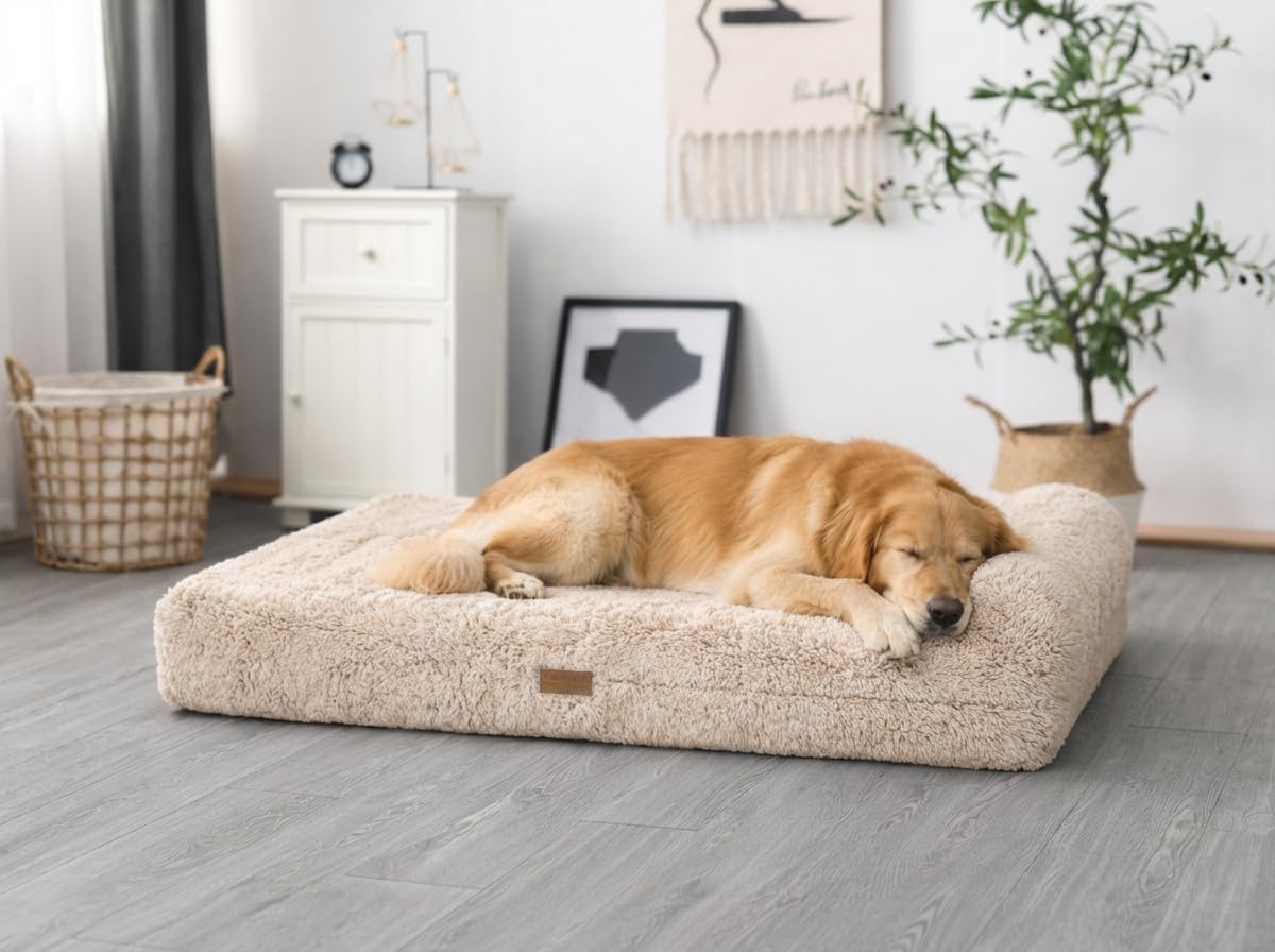 Orthopedic Memory Foam Dog Bed 7" Inch Thick Extra Large Dog Bed with Pillow Fluffy Brown 50"x34"x10" Includes Waterproof Liner & Durable Removable Cover with Smart Design (Brown (Light) - Fluffy / XL - 50"x34"x10")