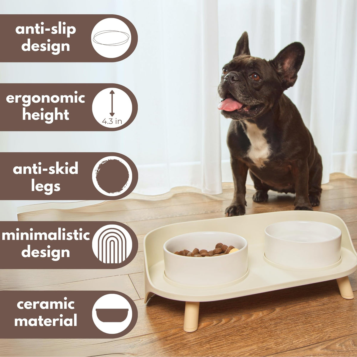Ceramic Dog Bowls with Stand (13.5 OZ / White / Beige)