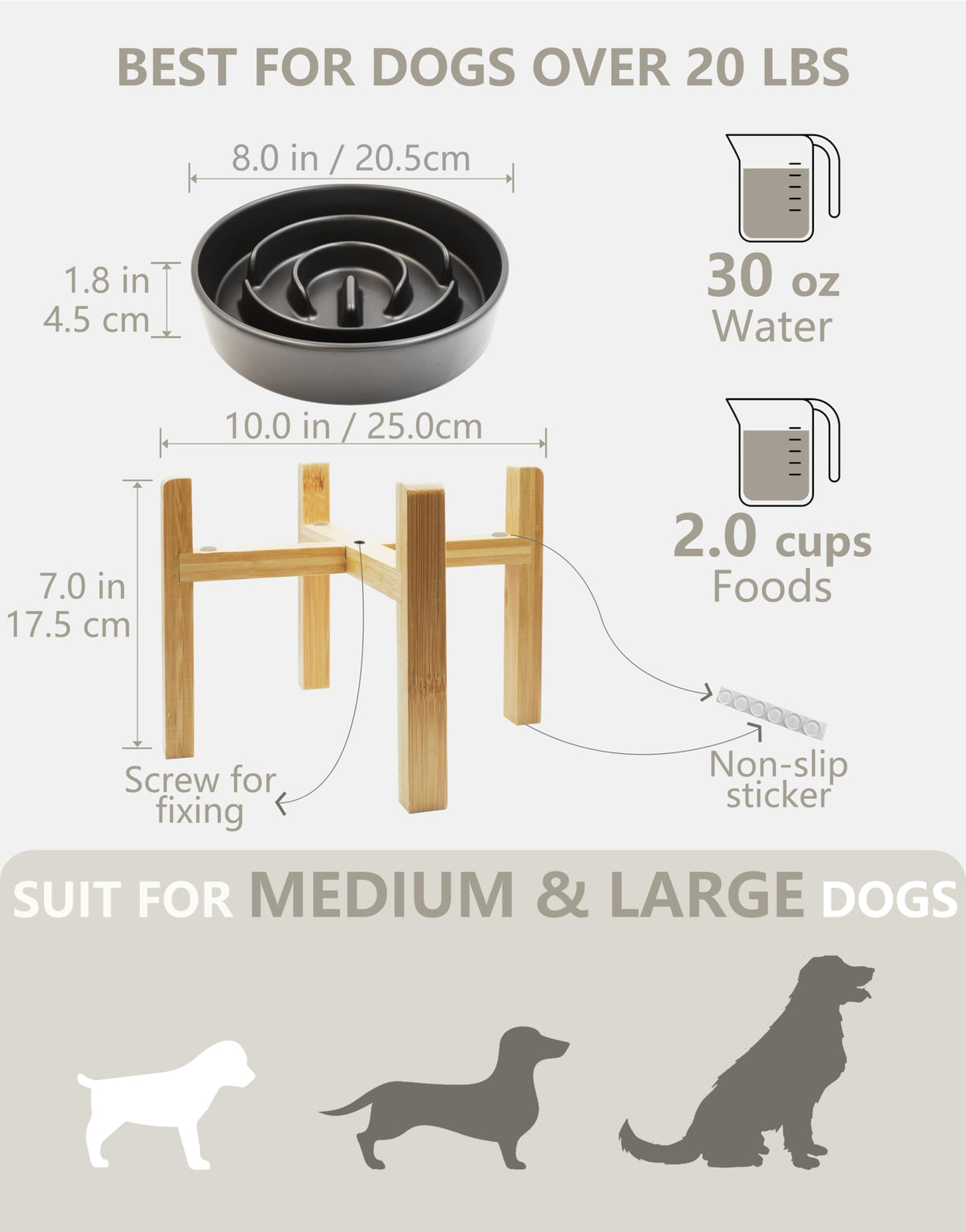 Ceramic Slow Feeder Dog Bowls Elevated (Black + Stand / 8 Inches)