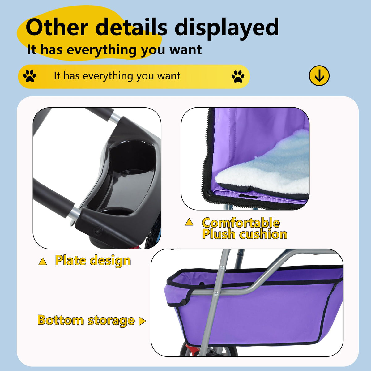 4 Wheel Foldable Pet Stroller (Purple / 4 Wheels)
