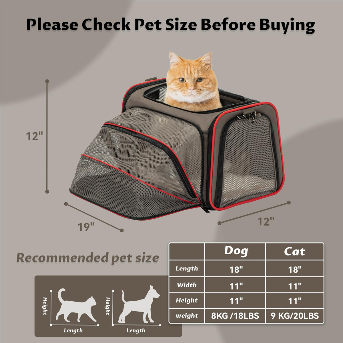 Expandable Cat Carrier Dog Carriers (19.0"L x 12.0"W x 12.0"H / Gray brown)